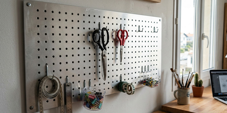 Plaque murale perforée pour organiser un bureau